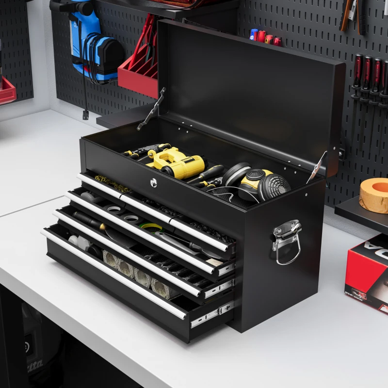 HOMCOM Steel Six Drawer Tool Storage Carry Chest, with Lock and Keys - Black