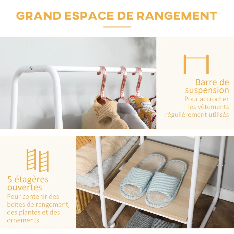 HOMCOM Portant à vêtements penderie portemanteau style industriel avec 4 étagères et 1 tringle en acier et bois