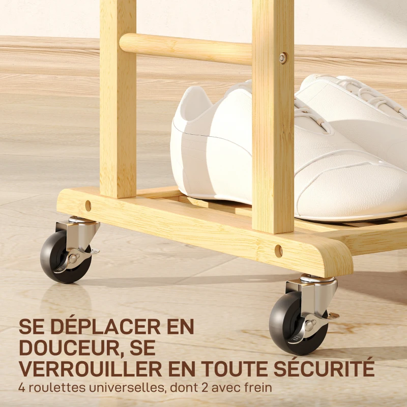 HOMCOM Portant à vêtements sur roulettes, porte-manteaux en bambou, double cintre intégré, 47 x 33,7 x 105,5 cm, bois naturel