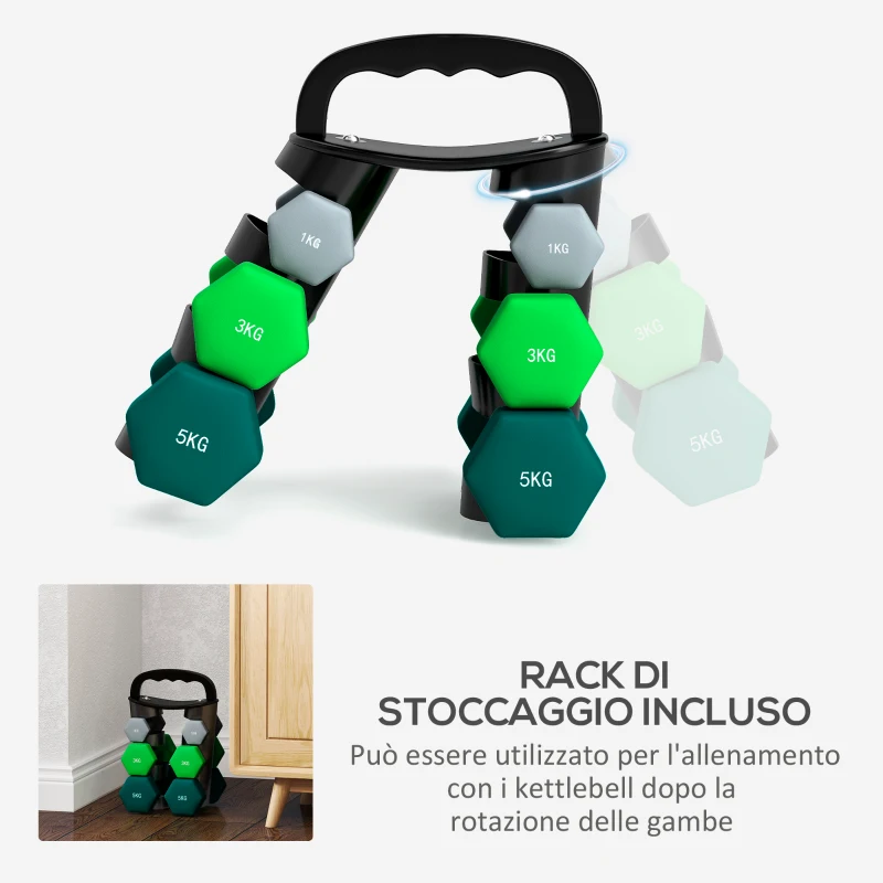 SPORTNOW Set Manubri con Supporto, 3 Coppie di Pesi da 2 x 1 kg, 2 x 3 kg, 2 x 5 kg, Multicolore