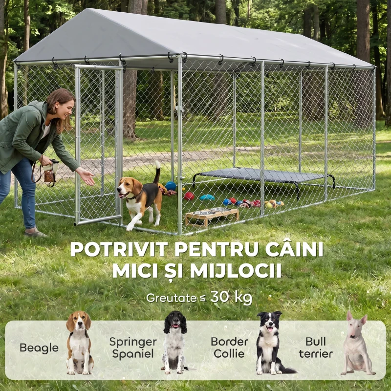 PawHut Împrejmuire pentru Câini cu Acoperiș Impermeabil, 4x2,3x2 m, Argintiu