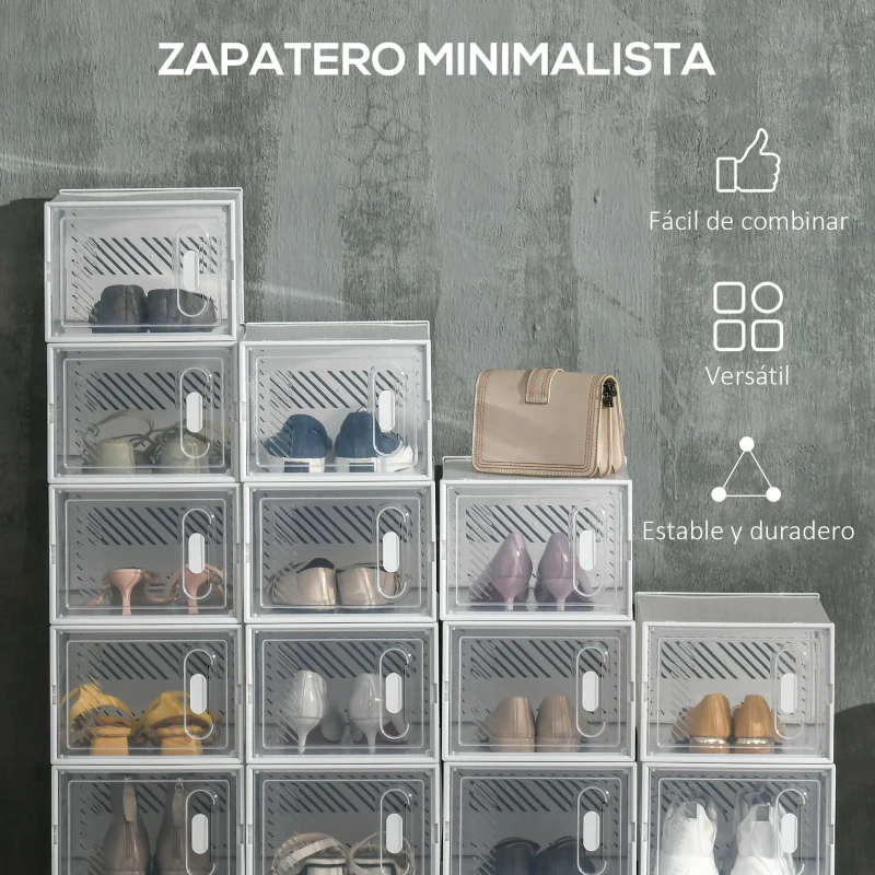 HOMCOM Organizador de Zapatos Modular Estantería Modulable con 18 Cubos Puertas Magnéticas 25x35x19 cm Transparente