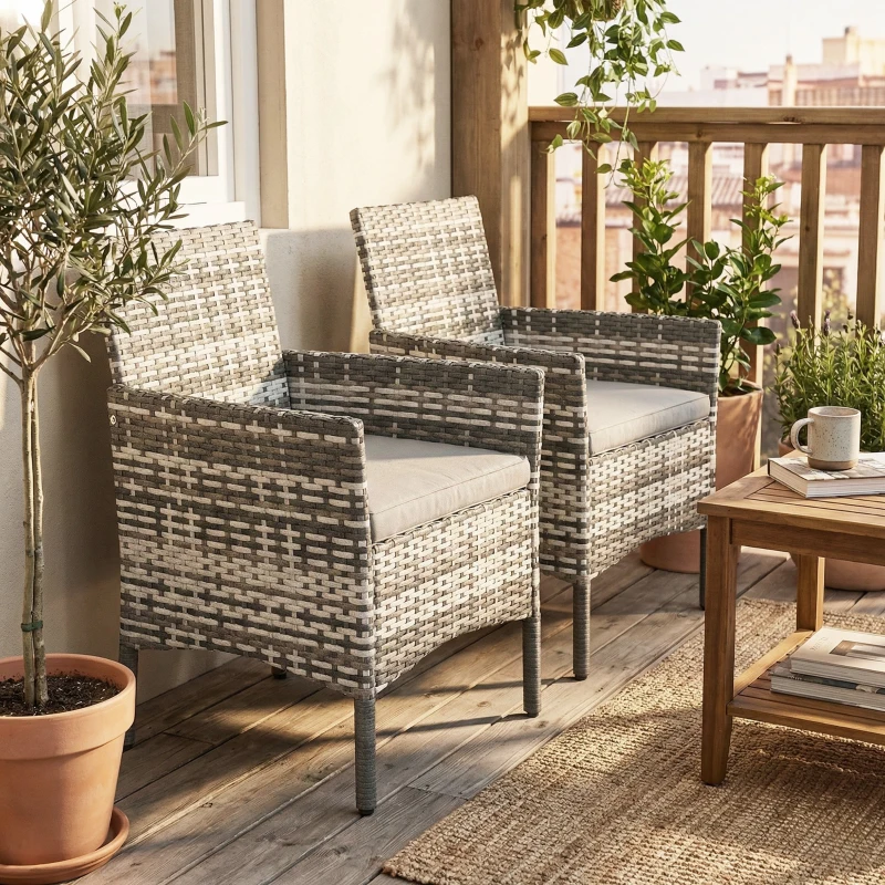 Outsunny 2-delige set tuinstoelen van polyrotan met 2 stoelen, afneembare kussens, stalen frame, grijs