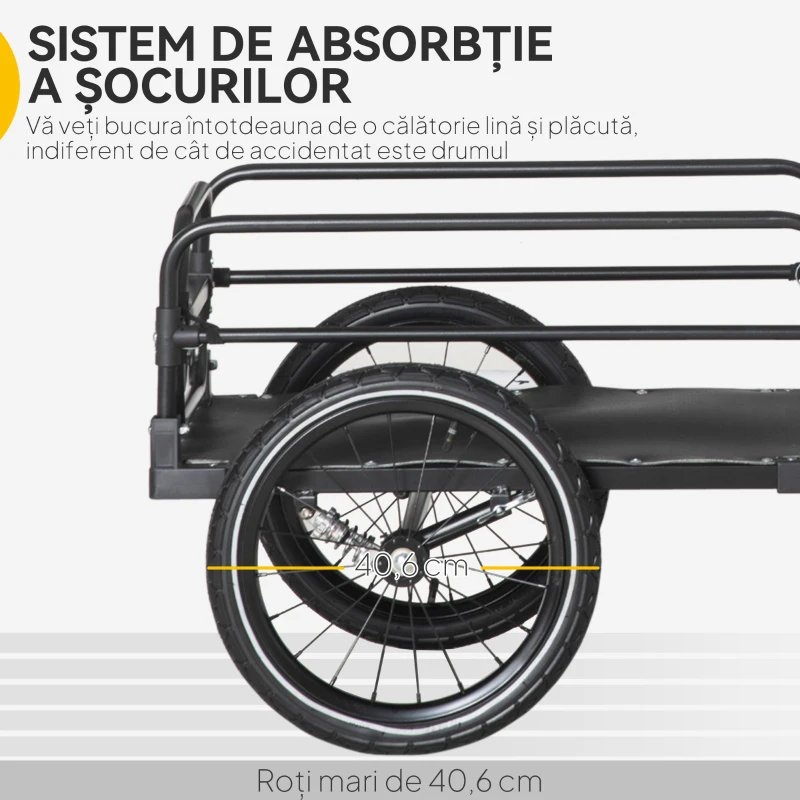 HOMCOM Remorcă pentru bicicletă de 70L cu 2 roți de 16", 2 reflectoare și steguleț, din oțel și PE, 125x64x53.5 cm, negru