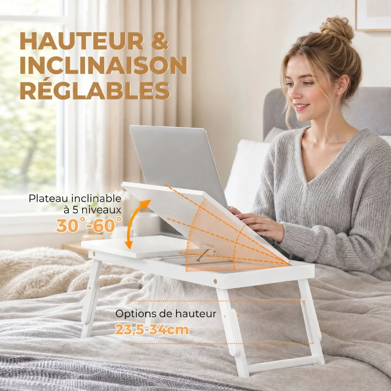 HOMCOM Table de lit pliable et réglable, plateau de lit pour ordinateur portable en bambou plateau inclinable 83,5x33x34cm blanc