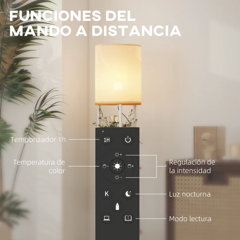 HOMCOM Lámpara de Pie con Estantes con 3 Temperaturas de Color Control Remoto para Salón Dormitorio Oficina Natural