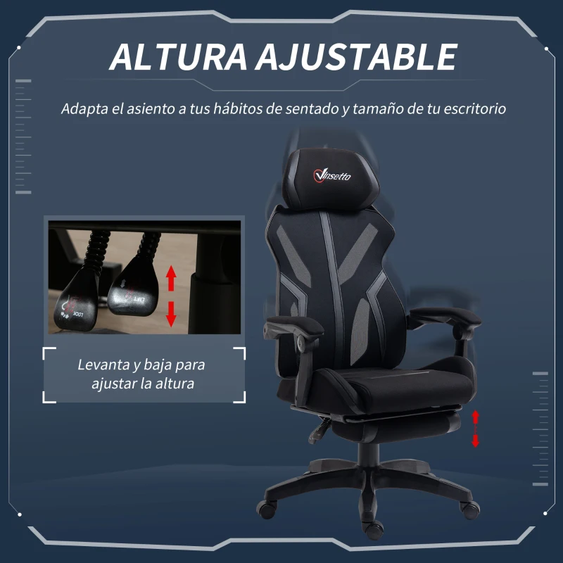 Vinsetto Silla Gaming con Reposapiés Retráctil Silla de Oficina Giratoria Reclinable con Reposacabezas y Altura Ajustable 65x65x119-129 cm Negro