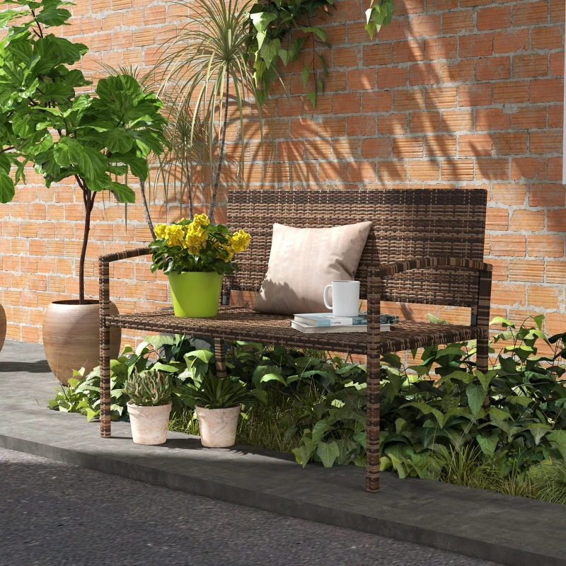 Outsunny All Weather Wicker Garden Loveseat, 2 Seater Poly Rattan Garden Bench, Outdoor Seating Bench Brown