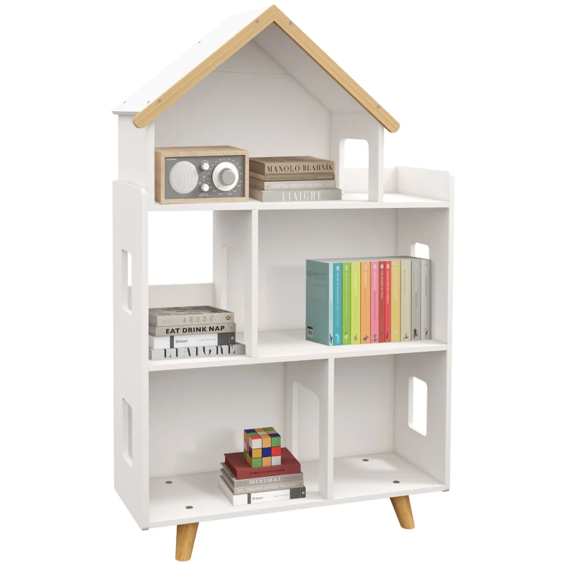 ZONEKIZ Étagère de rangement pour jouet enfant et livres forme de maison 3 niveaux  65 x 25 x 108,5 cm blanc et naturel