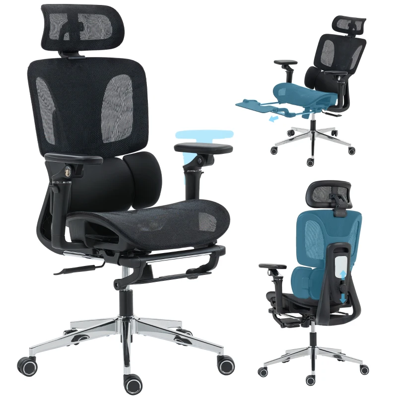HOMCOM Bureaustoel ergonomisch met verstelbare lenden- en hoofdsteun, 6D-opklapbare armleuningen, voetensteun, mesh, zwart