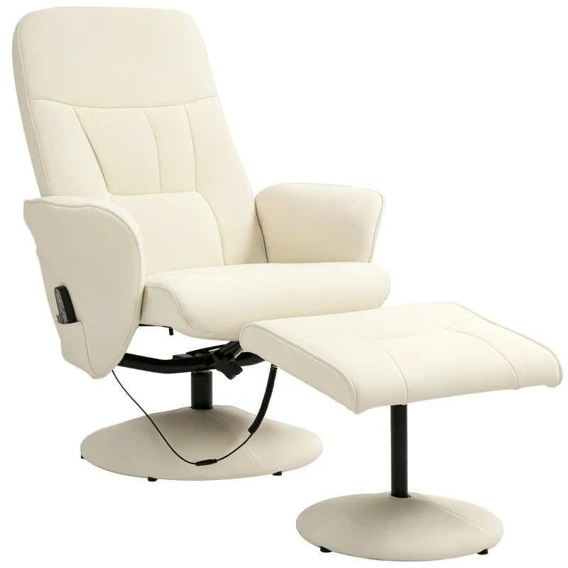 HOMCOM Massagestoel met voetenbank, ergonomische stoel met 10 vibratiepunten, kunstleer, 76 x 81 x 105 cm, Crèmeweiß(m-11)