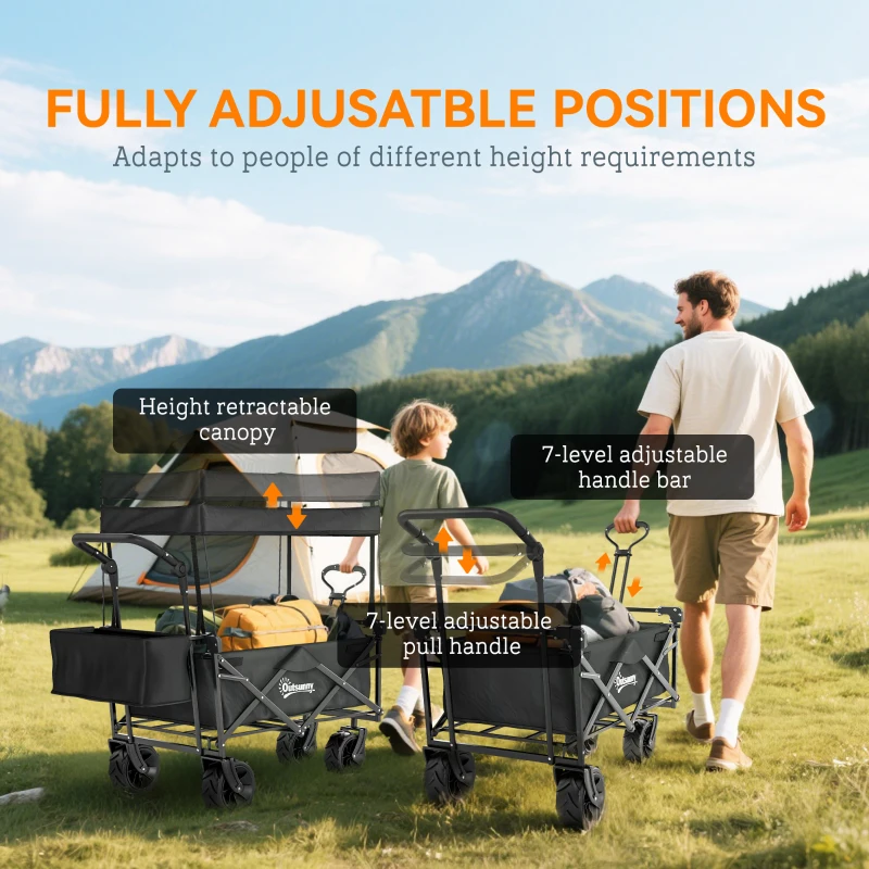 Outsunny 180L Festival Trolley on Wheels, Push & Pull Beach Cart with Removable Canopy, Wide All-Terrain Wheels, Folding Camping Trolley Cart, Adjustable Handle for Garden Fishing Shopping, Black