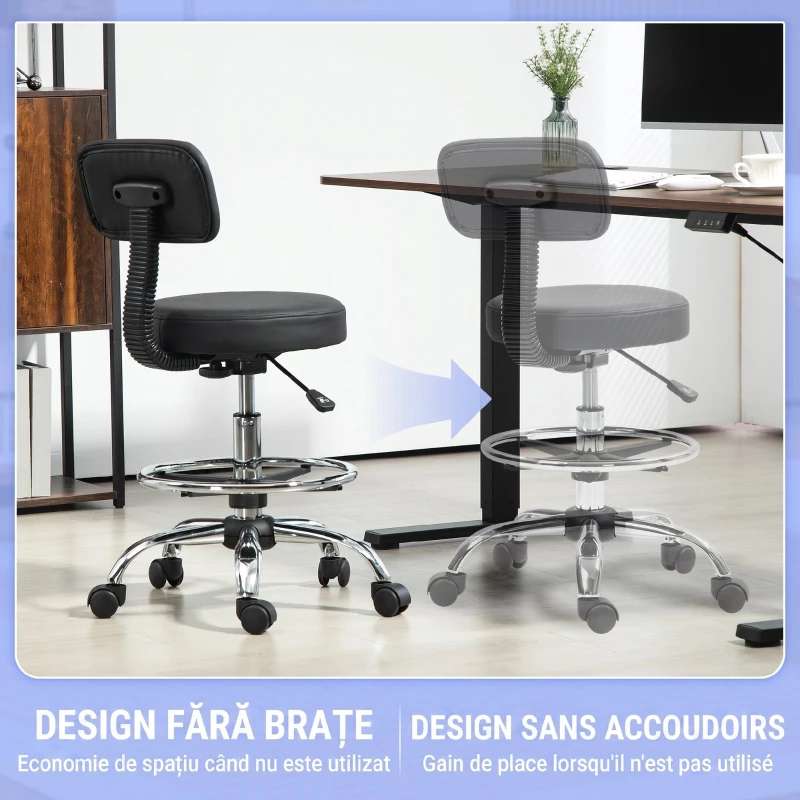 HOMCOM Scaun rotativ cu înălțime reglabilă și suport pentru picioare, din oțel, piele ecologică și spumă, 52x52x78-92 cm, negru