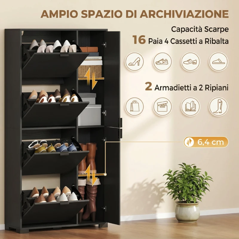 HOMCOM Scarpiera Moderna con Specchio, 4 Cassetti a Ribalta, Capacità Fino 16 Paia di Scarpe, Nero