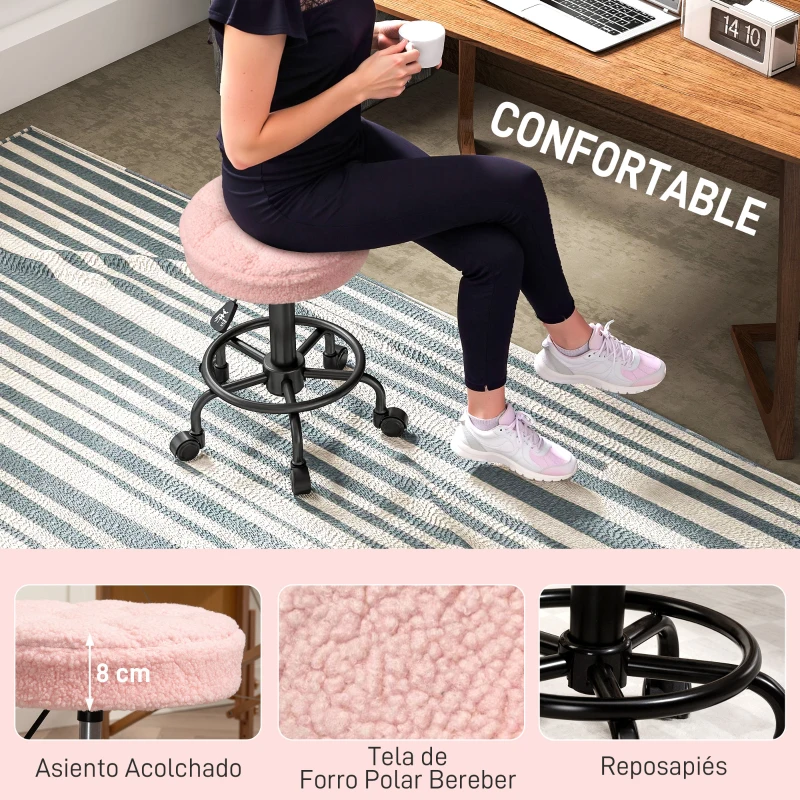 HOMCOM Taburete Giratorio Redondo Taburete con Ruedas Altura Regulable 50-66 cm Asiento Tapizado en Tejido de Borreguito Rosa