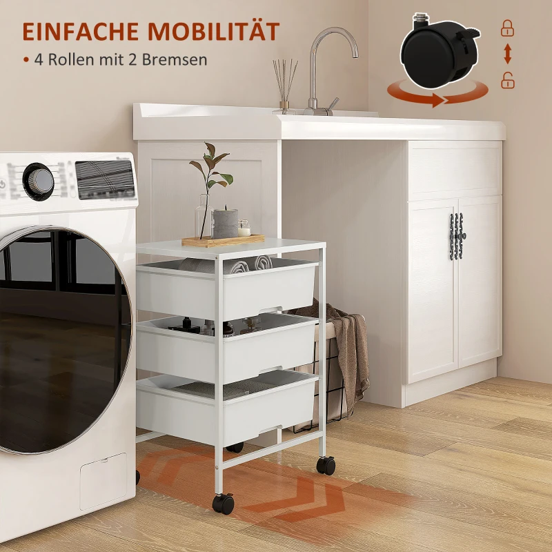 HOMCOM Bijzetwagen met Wielen, 3 Manden voor Transport en Opslag, Keukentrolley, 40,8L x 33,5B x 60,5H cm, Wit
