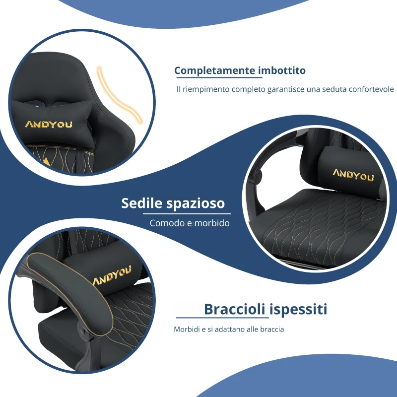 Sedia da gaming con poggiapiedi, morbido cuscino per collo e lombare, cuscini di supporto rimovibili, 60x60x122 cm, Nero