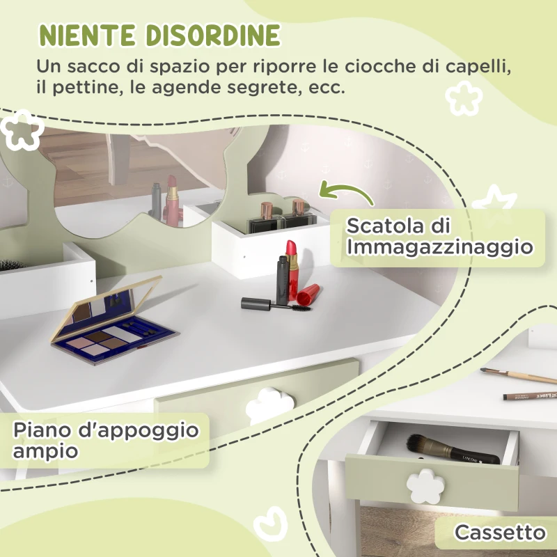 ZONEKIZ Set Toeletta per Bambina con Specchio Trucco e Sgabello Abbinato in Legno, Cassetto e Contenitori, Bianco