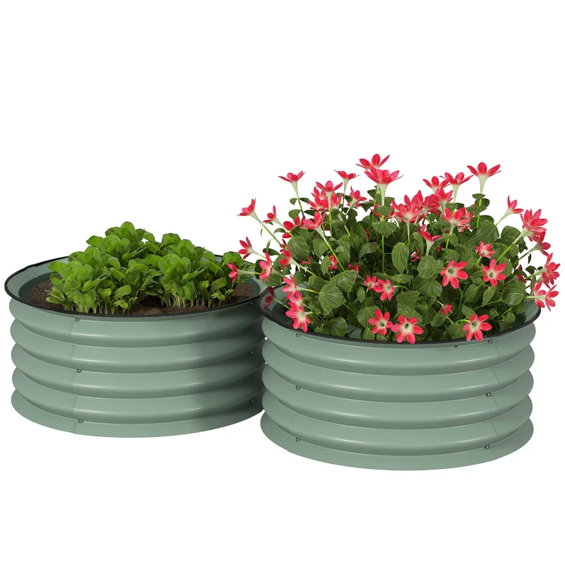 Outsunny 2-delige Set Verzinkte Plantenbakken, Ø60 x 30H cm Bloempotten met Open Bodem voor Verschillende Planten, Groen