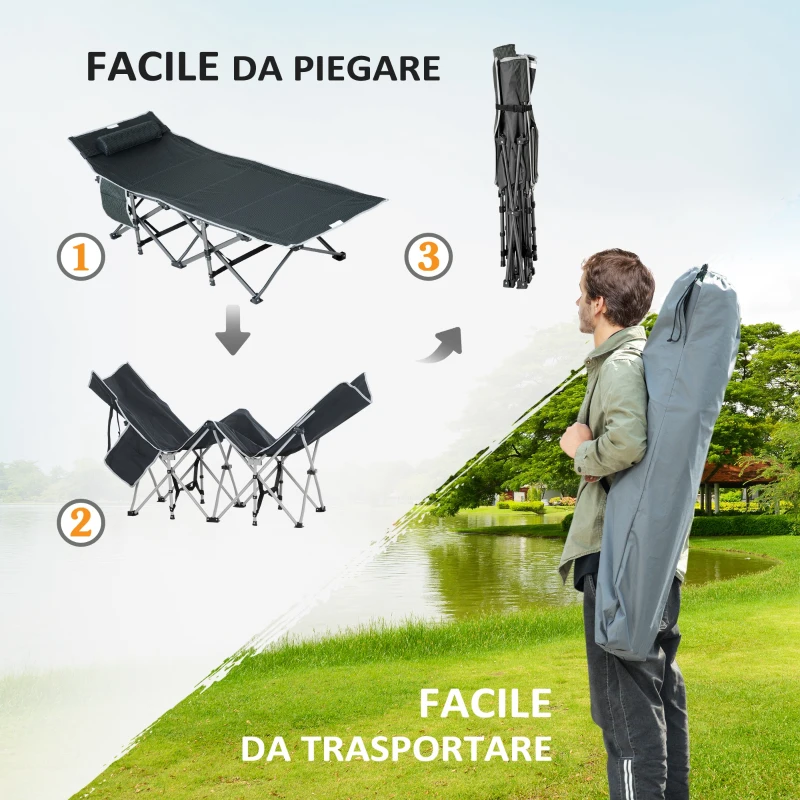 Outsunny Lettino da Campeggio Pieghevole e Imbottito con Tasca Portaoggetti, 188x64.5x53 cm, Grigio