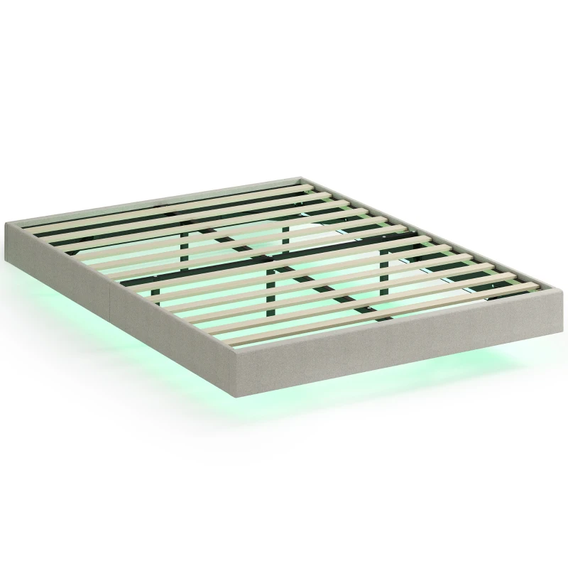 HOMCOM Pat Flotant 160 x 200 cm cu Iluminare LED Inteligentă, Cadru de Pat Dublu Tapițat în Țesătură cu Aspect de In, Montaj Ușor, Bej