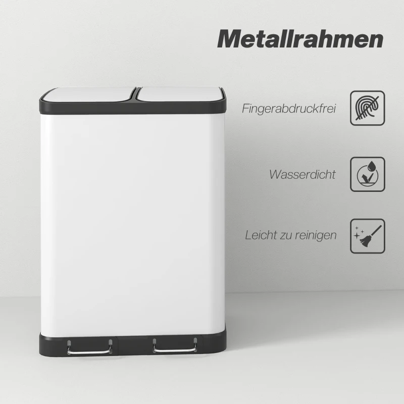 HOMCOM Dubbele prullenbak, 2 x 30L, vingerafdrukbestendig, pedaal, uitneembare binnenbakken, grijs