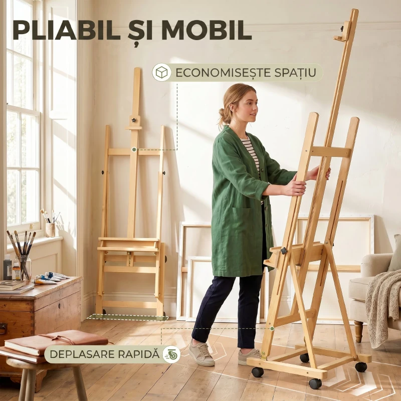 Vinsetto Șevalet Pictură Pliabil cu Roți, pentru Pânze, din Fag, Reglabil, Lemn de fag, Culoare Lemn