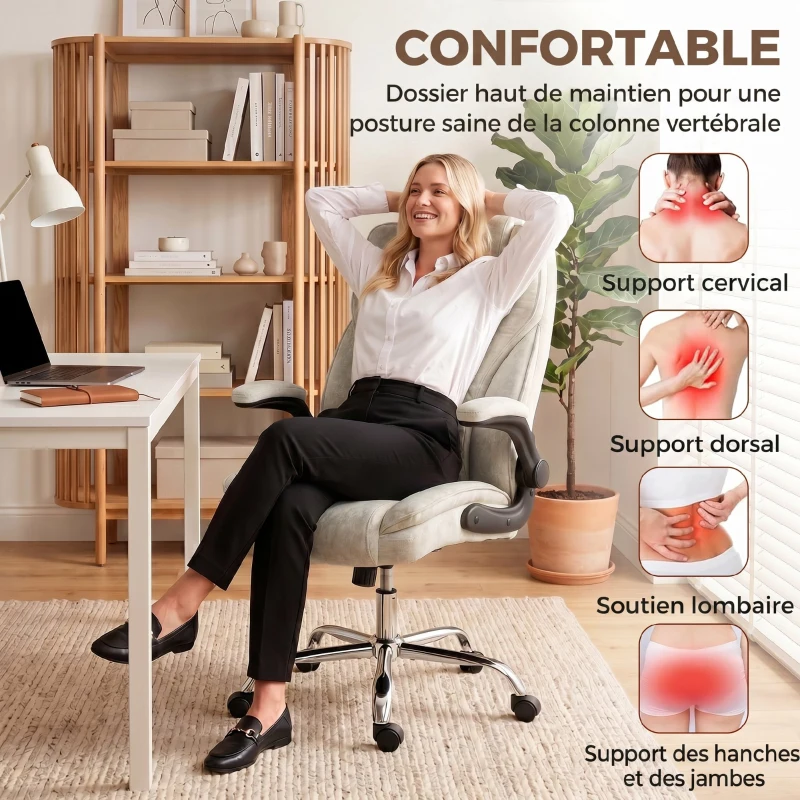 HOMCOM Fauteuil de bureau, chaise bureau ergonomique, hauteur réglable, accoudoirs relevables, 70 x 70 x 114-122 cm, beige