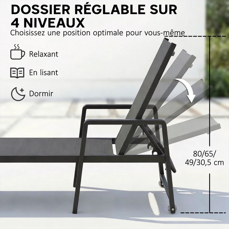 Outsunny Chaise Longue Jardin en Textilène et Aluminium, Réglable à 4 Positions avec Roues et Accoudoirs, 65x189x80cm, Gris Foncé