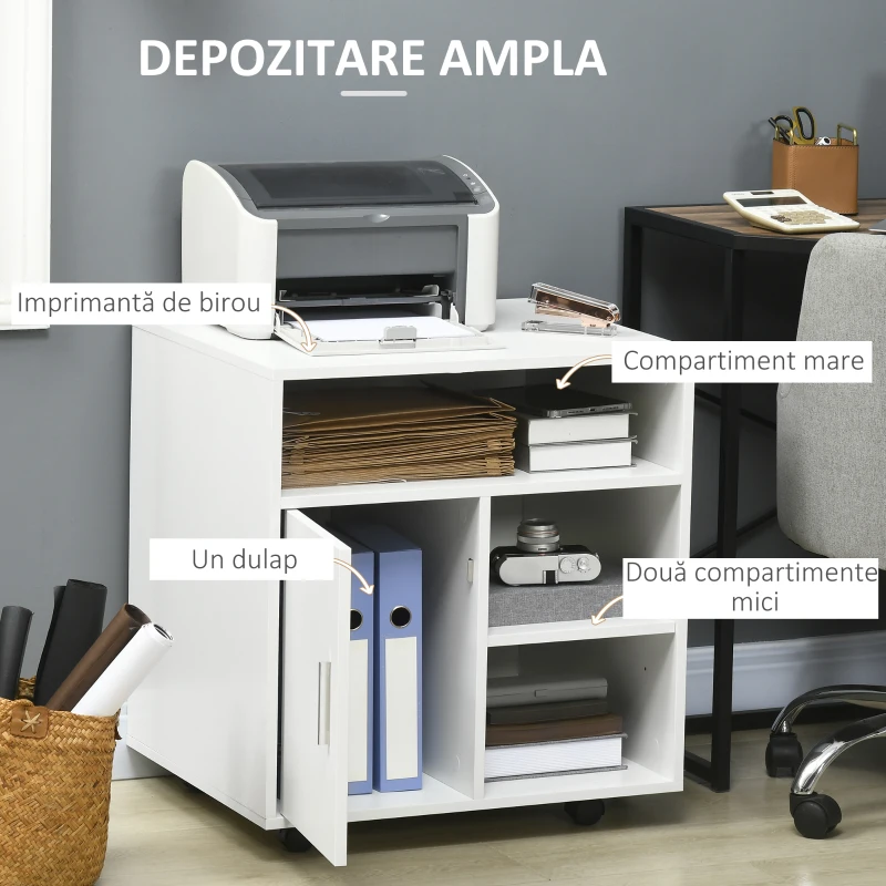 Homcom Dulap Imprimanta – Alb 60×50×65,5 cm cu Rafturi & Spatiu Depozitare