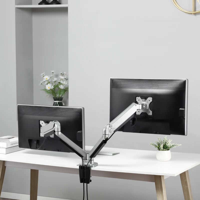 Vinsetto Soporte Monitor Doble para Pantallas LED LCD de 13-32 Pulgadas VESA 75/100 mm con Brazo Ajustable y Giratorio 360° de Aluminio 2 Opciones de Montaje 93x11x47 cm Plata