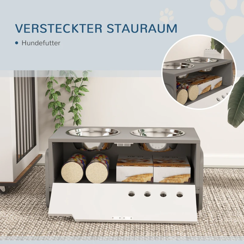 PawHut Verhoogd voerstation voor honden, met opbergruimte en anti-schrokmat, 2 x 2000 ml roestvrijstalen kom, grijs