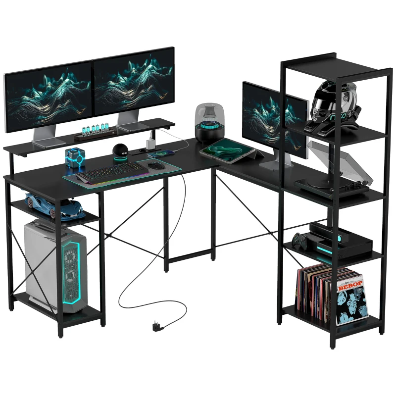 HOMCOM L-vormig bureau met oplaadstation, hoekcomputertafel met monitorstandaard en planken, voor thuiskantoor, kantoor, zwart(m-11)