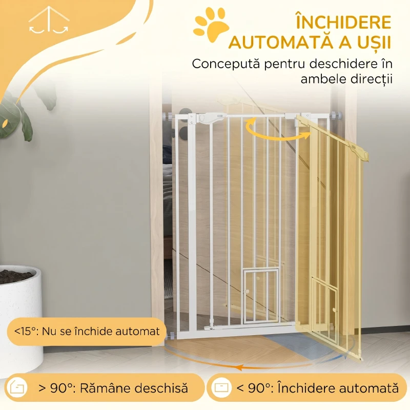 PawHut Poartă Reglabilă Înaltă pentru Câini cu Ușă Mică și Închidere Automată, 74-80x104cm, Alb