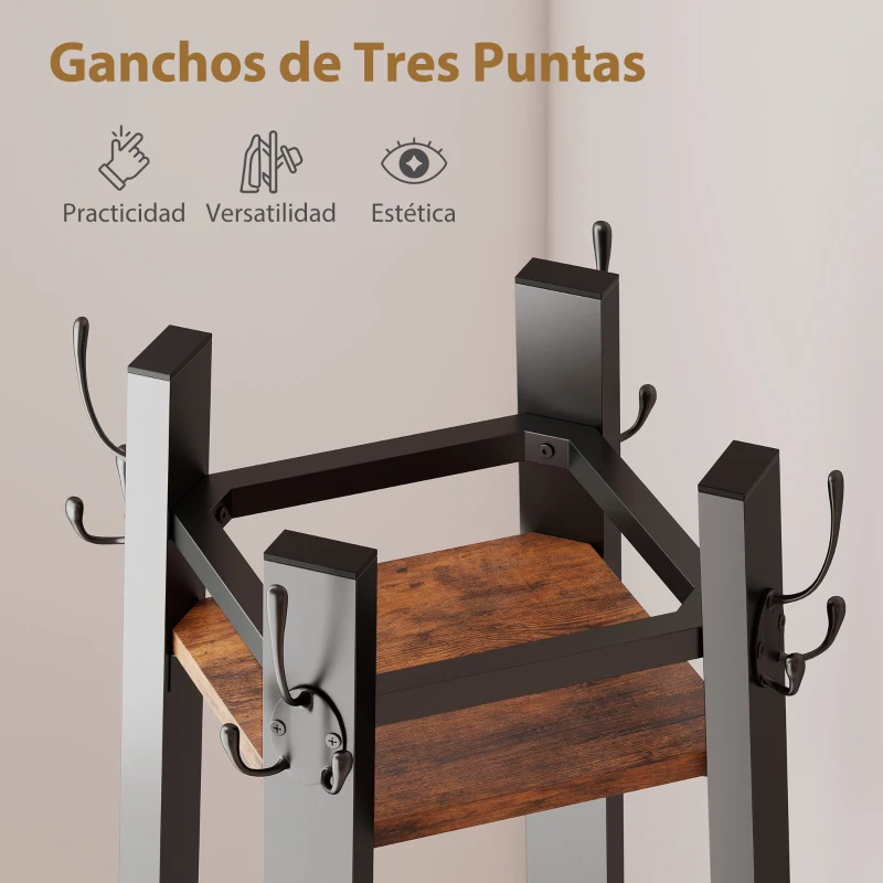 HOMCOM Perchero de Pie de 4 Niveles con 4 Estantes 8 Ganchos con Estructura Metálica para Colgar Ropa Sombrero Marrón Rústico