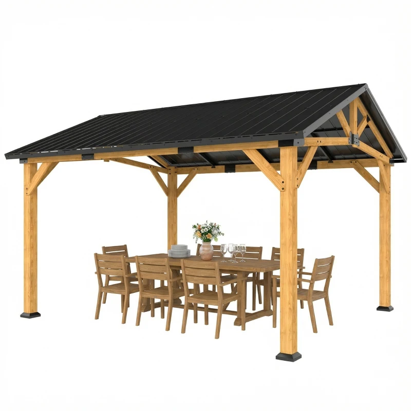 Outsunny 3.5 x 4 m Hardtop Gazebo Canopy with Galvanised Metal Roof, Fir Wood Frame and Hook for Patio, Garden, Black Grey
