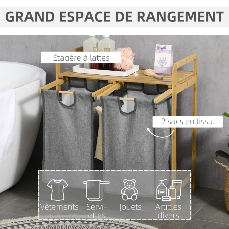 HOMCOM Panier à linge en bambou 2 paniers amovibles et coulissants en non-tissé 63,5 x 33 x 73 cm gris foncé