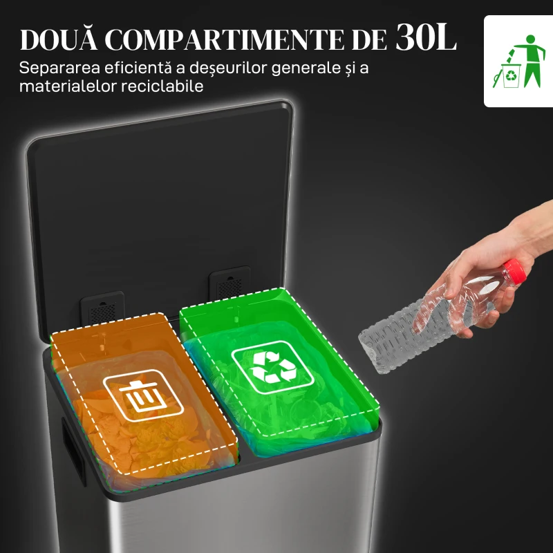 HOMCOM Coș de gunoi cu 2 compartimente de 30L cu pedală și capac silențios, din oțel inoxidabil și PP, 47.7x37.5x66.8 cm
