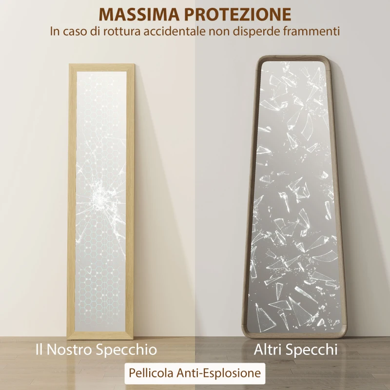 HOMCOM Specchio Verticale da Parete o da Terra con Cornice in MDF, 37x40x155 cm, Quercia e Trasparente