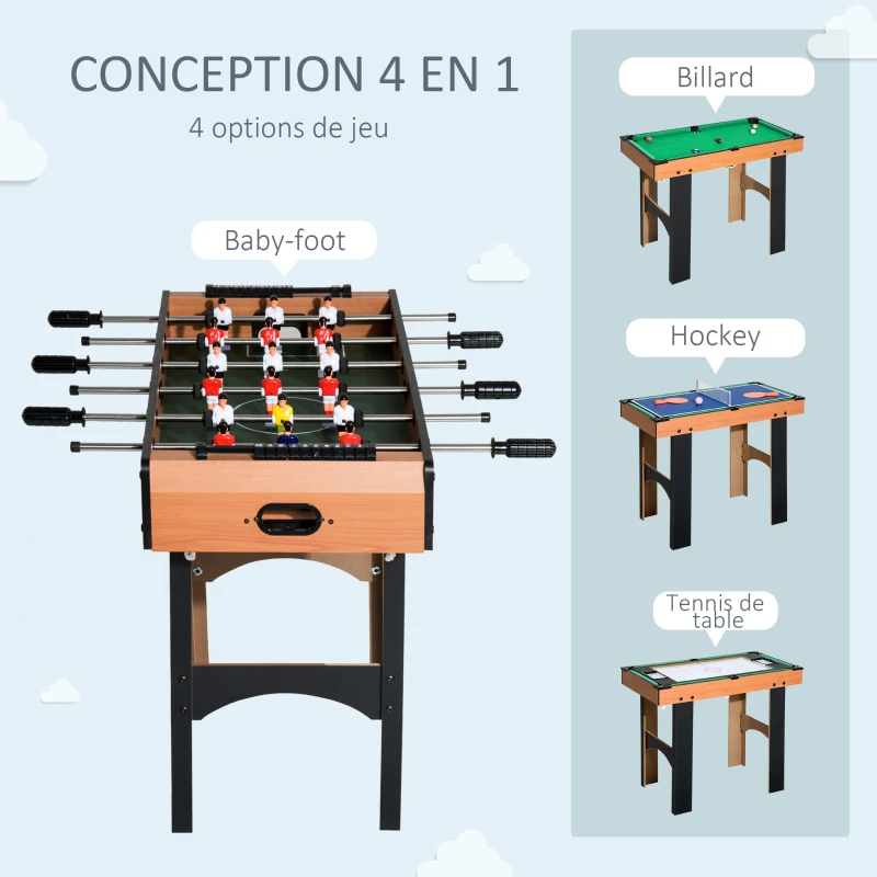 HOMCOM Mini Table multi jeux 4 en 1 babyfoot billard air hockey ping-pong avec accessoires en bois 92L x 78l x 80H cm