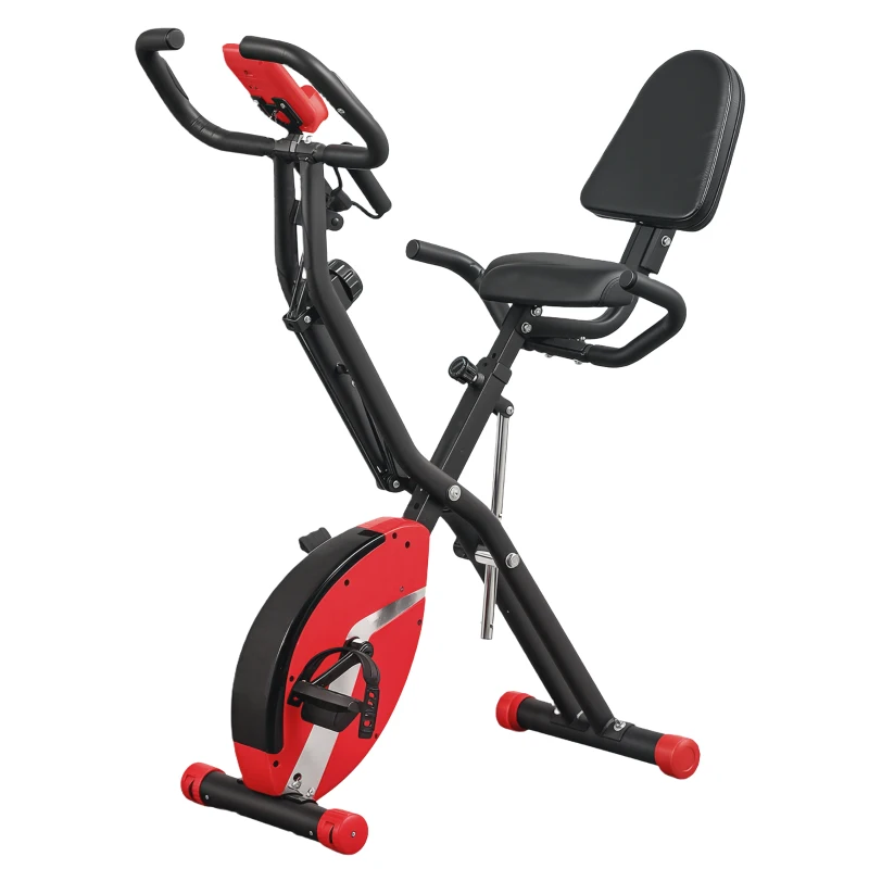 SPORTNOW Five-in-one Foldable Exercise Bike, Stationary Bike with Arm Workout Bands, LDC Monitor, Phone Holder, Red