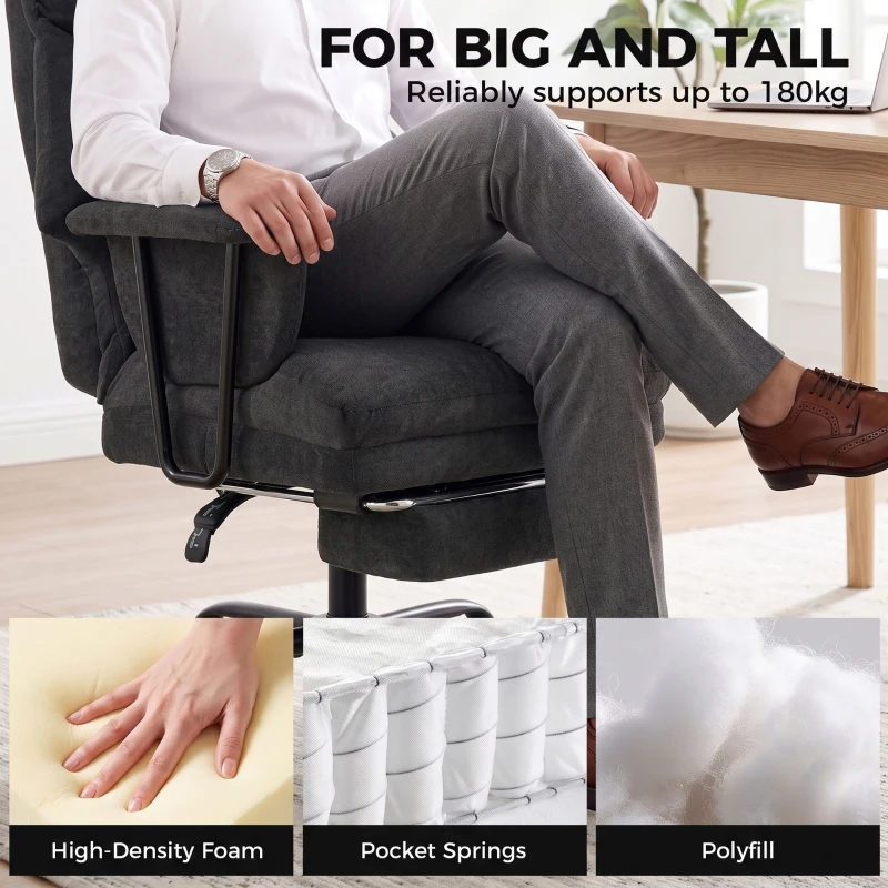 HOMCOM Office Chair, 180kg Heavy Duty Linen Computer Desk Chair with Lumbar Support, Wide Seat, Spring Cushion, Black