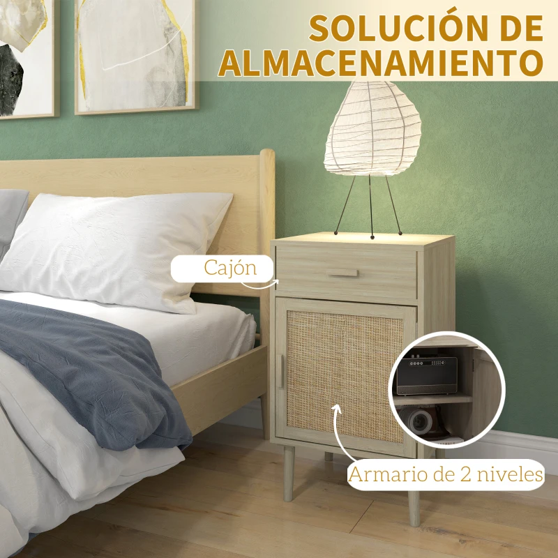 HOMCOM Juego de 2 Mesitas de Noche Mesillas de Noche con Cajón de Ratán y Estante Ajustable 40x40x68,5 cm Roble