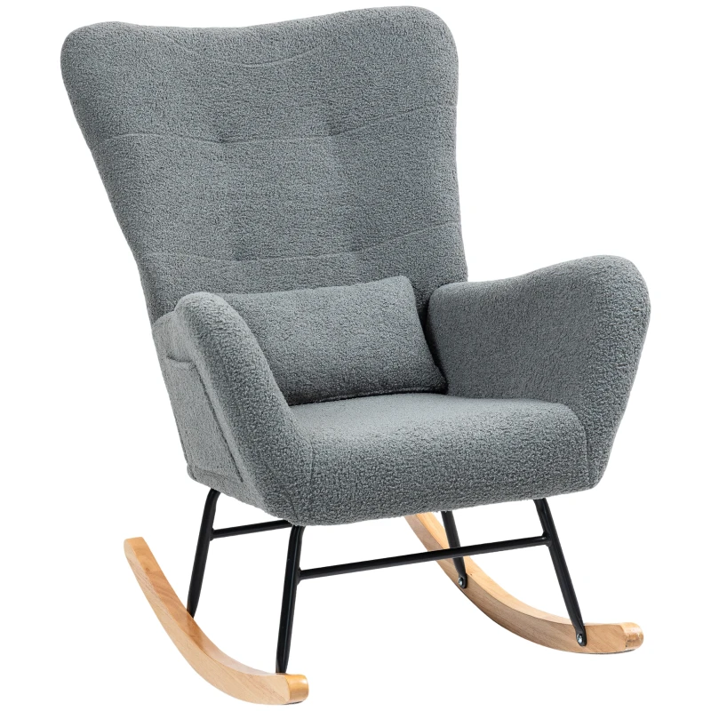 HOMCOM Mecedora de Borreguito con Respaldo Acolchado Almohada y Base de Madera de Caucho Carga 120 kg Gris