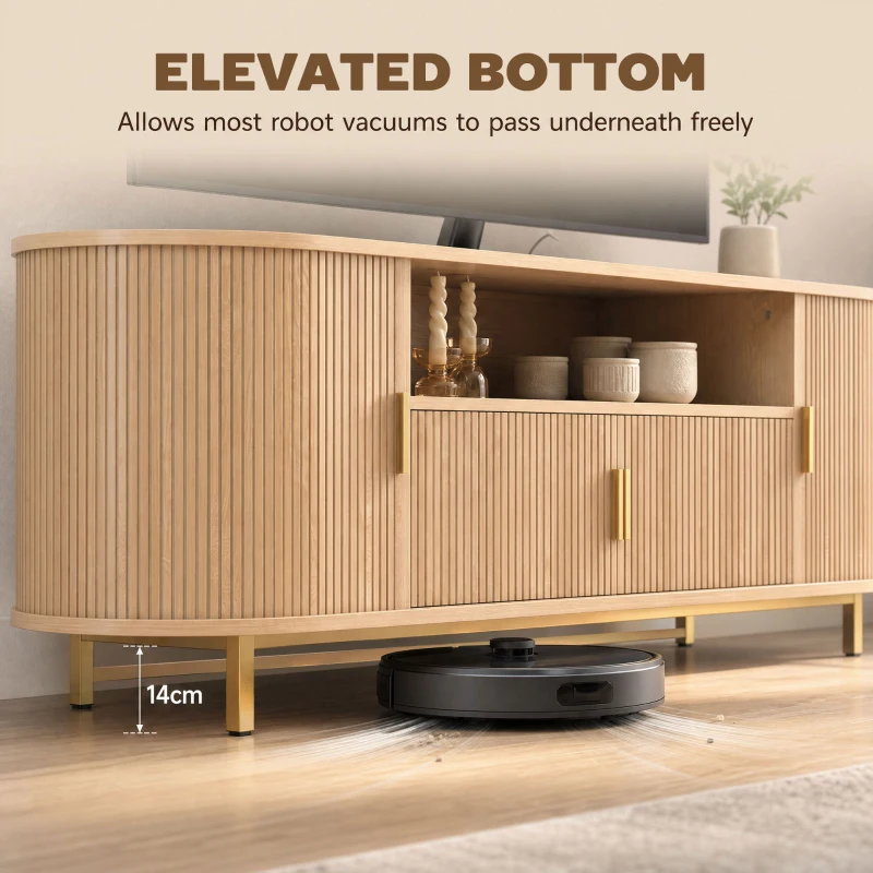 HOMCOM Meuble TV 140 cm avec 2 Prises et 2 Ports, Meuble Télé pour 84 Pouces, 2 Portes Battantes, 2 Portes Coulissantes, Chêne