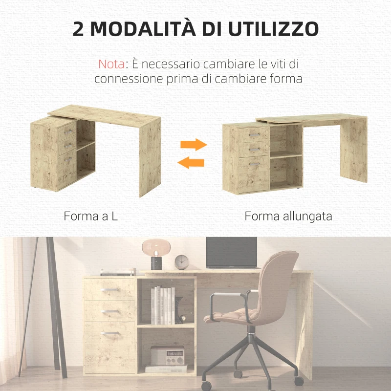 HOMCOM Scrivania Angolare per PC con 3 Cassetti e Ripiani Aperti, in Legno e Metallo, 117x83.5x76 cm, Noce