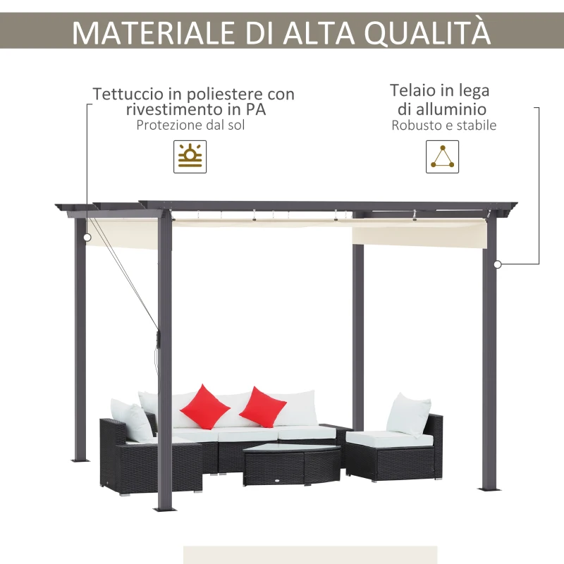 Outsunny Gazebo Pergola da Giardino 3x3m con Tenda Retrattile, in Alluminio e Poliestere, Bianco Crema