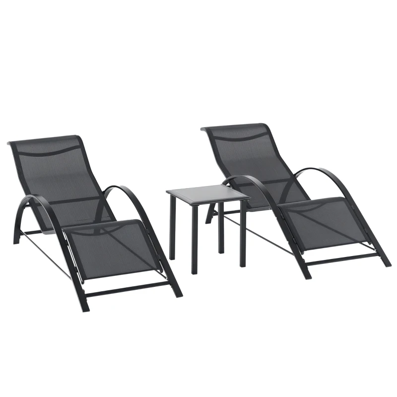 Outsunny Tuin loungeset, 2 ligstoelen met bijzettafel, ademende stof, stevig metalen frame, zwart