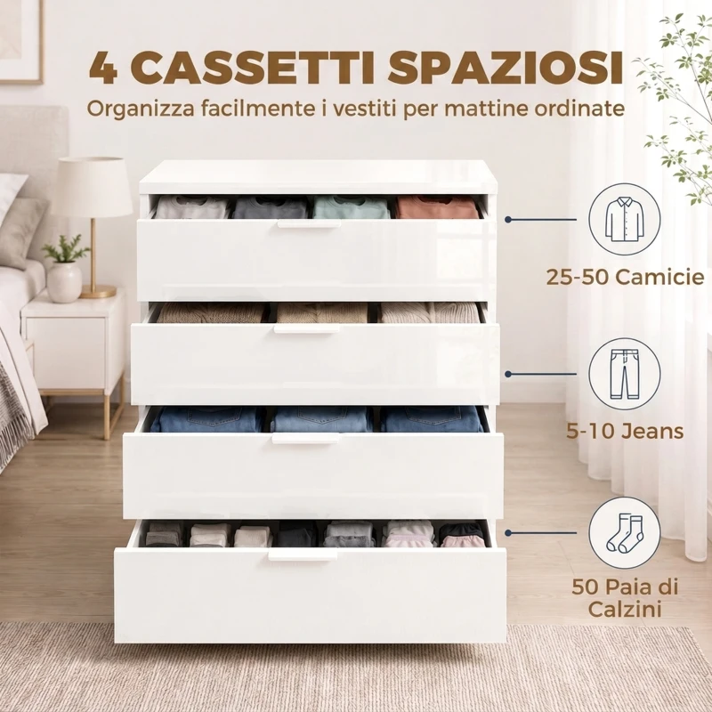 HOMCOM Cassettiera 4 Cassetti Moderna con Guide Scorrevoli, 70x34x79 cm, Bianco Lucido