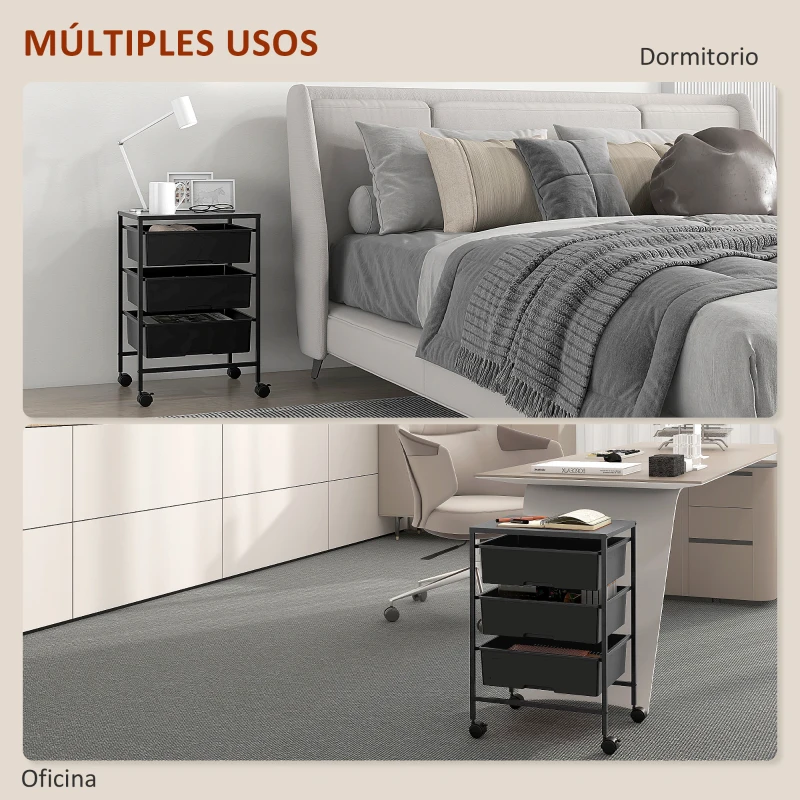 HOMCOM Carrito Auxiliar con Ruedas con 3 Cestas para Almacenamiento y Marco de Acero para Cocina Baño 40,8x33,5x60,5 cm Negro